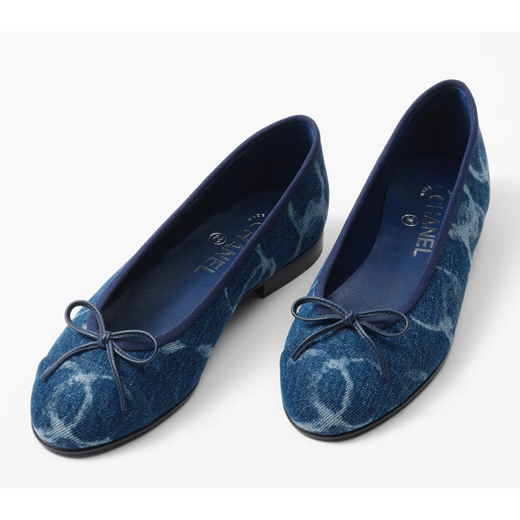 Chanel 23B Printed Denim Blue White CC Logo Bow Tie Ballet Ballerina Flat 36.5 - Picture 7 of 12